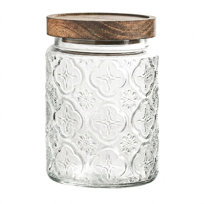 Vintage Glass Canister with Wooden Lid — Airtight Embossed Jar (M)
