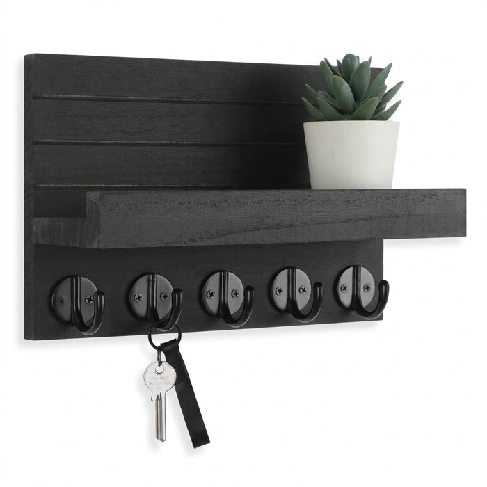 Wall-mounted Key and Mail Shelf with 5 Hooks - Wooden Entryway Rack