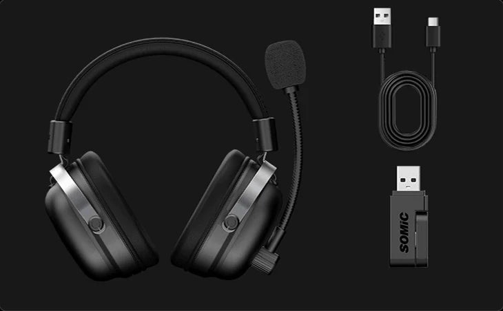 Součástí balení jsou náhlavní souprava Commander, bezdrátový USB přijímač a kabel USB-A na USB-C.